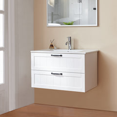 31.5" Bathroom Vanities Cabinet with Sink Combo, Wall Mounted Floating Cabinet With Decor Line, Soft-Close System, 2 Extra Big Drawers,Solide Wood, for Bathroom White