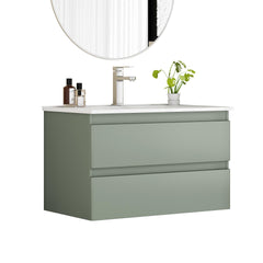 32-Inch Wall-Mounted Bathroom Vanity With Sink Combo, Double Drawers, Rounded Drawer Fronts,Soft-Close System,Ceramic Sink,No Handle Design,Solid Wood,Easy to Install,The Faucet Is Not Included,Green