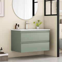 32-Inch Wall-Mounted Bathroom Vanity With Sink Combo, Double Drawers, Rounded Drawer Fronts,Soft-Close System,Ceramic Sink,No Handle Design,Solid Wood,Easy to Install,The Faucet Is Not Included,Green