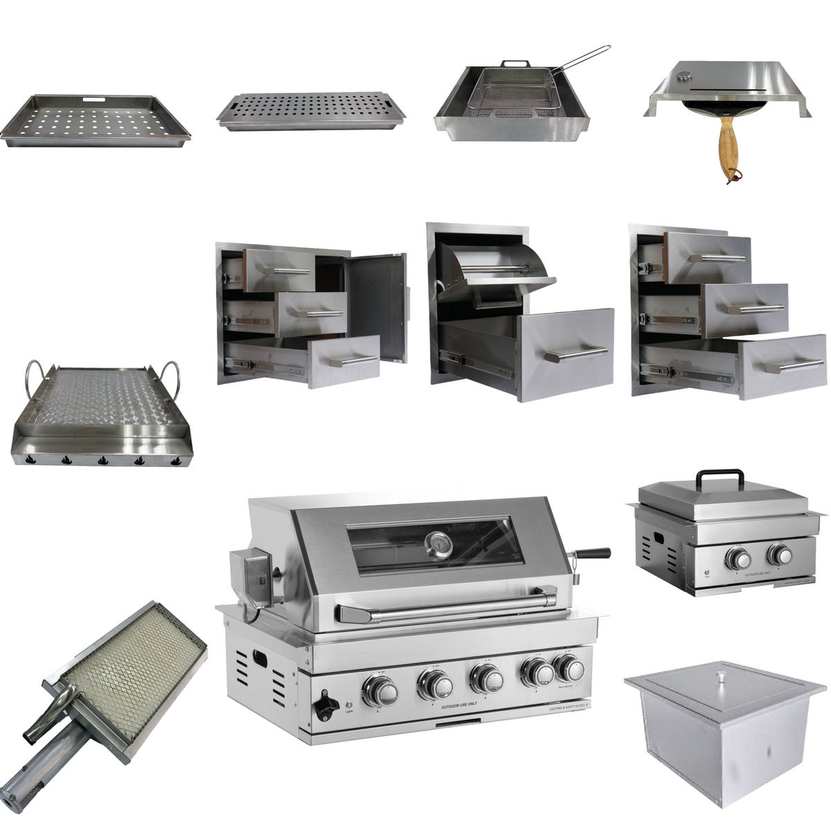 Built-in Outdoor Kitchen 32 inch LPG Gas Grill 60000 BTU Stainless Steel Four burners Grill with Infrared Rear Bunrer and Door and Drawer Combo and Drop in Stainless Steel ICE BOX with BBQ Tool Set