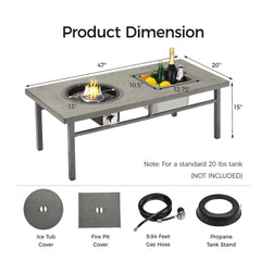 47" 3-in-1 Outdoor Aluminum Gray Propane Fire Pit Table 50,000 BTU with Ice Bucket,