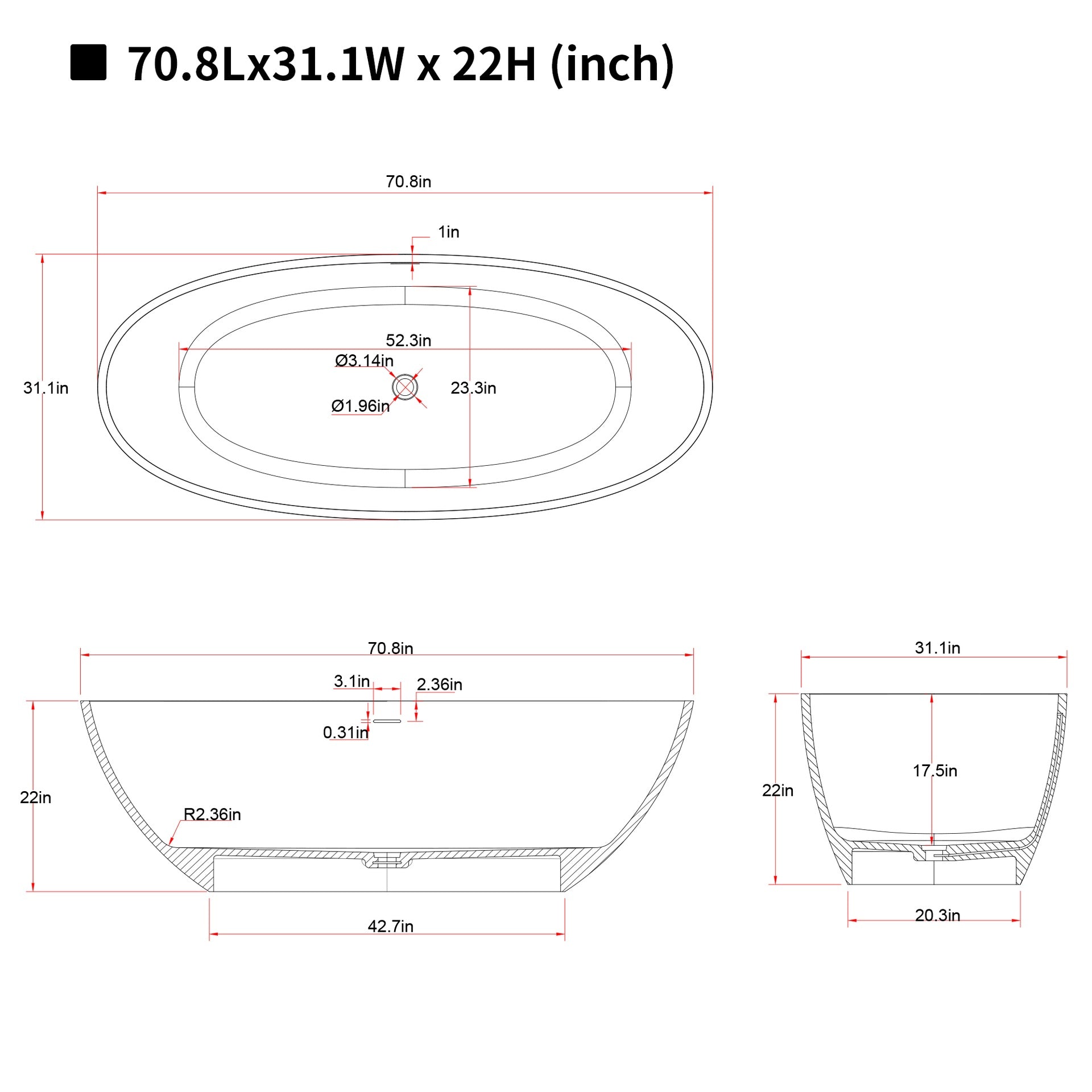 71'' Freestanding Bathtub Resin Stone Soaking Bathtub Solid Surface Modern Tubs with Overflow and Pop-up Drain
