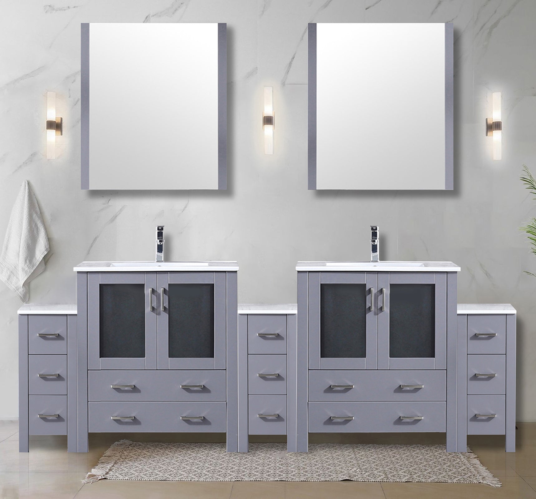 Dark Grey Double Bath Vanity 96 in. W x 18.25 in. D, with Side Cabinets, White Ceramic Top, 28 in. Mirrors, and Faucet Set