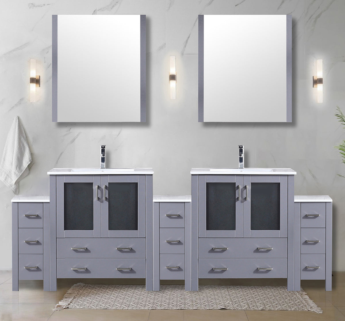 Dark Grey Double Bath Vanity 96 in. W x 18.25 in. D, with Side Cabinets, White Ceramic Top, 28 in. Mirrors, and Faucet Set