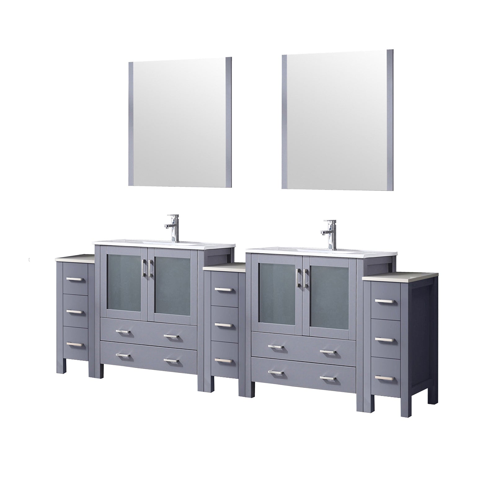 Dark Grey Double Bath Vanity 96 in. W x 18.25 in. D, with Side Cabinets, White Ceramic Top, 28 in. Mirrors, and Faucet Set