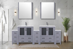 Dark Grey Double Bath Vanity 96 in. W x 18.25 in. D, with Side Cabinets, White Ceramic Top, 28 in. Mirrors, and Faucet Set