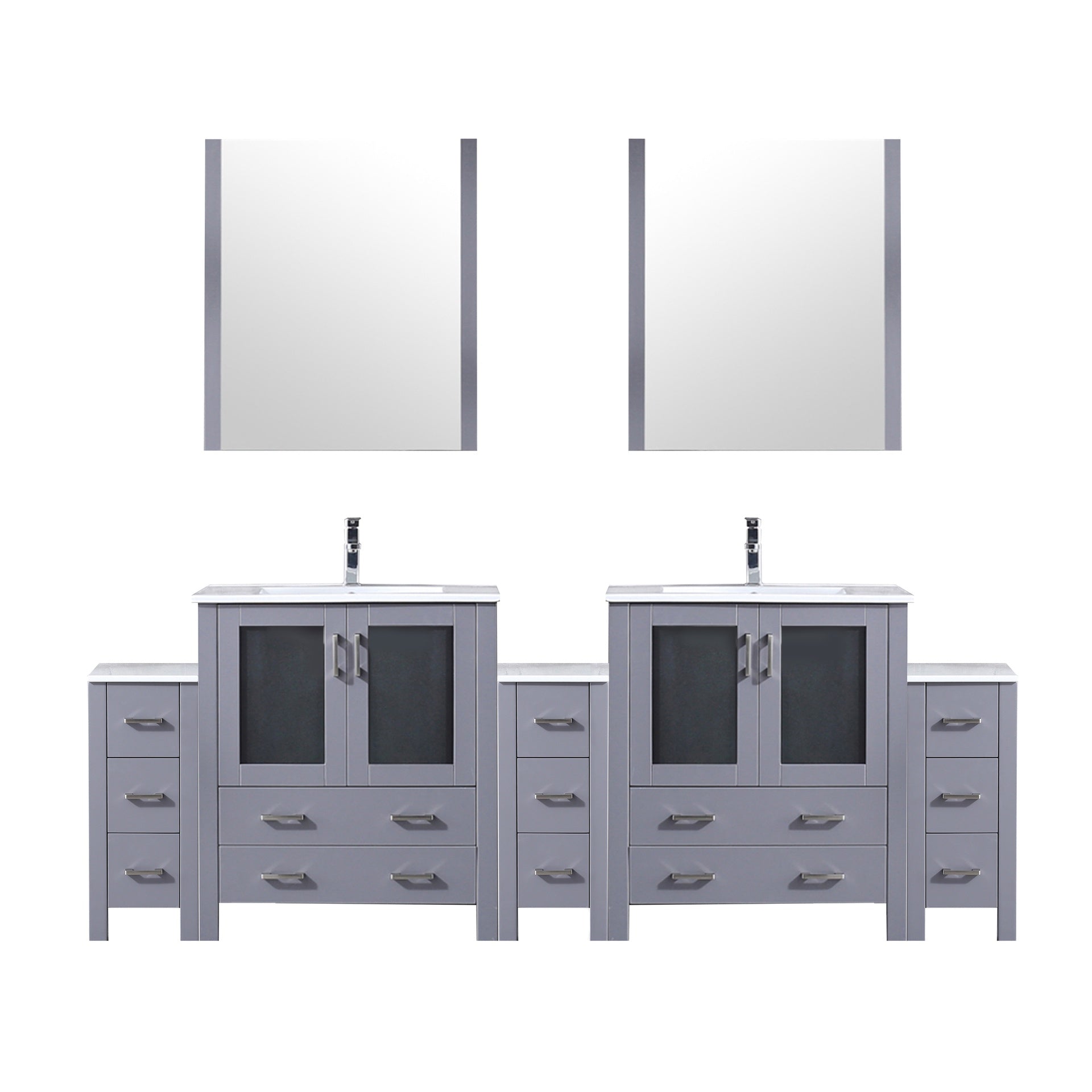 Dark Grey Double Bath Vanity 96 in. W x 18.25 in. D, with Side Cabinets, White Ceramic Top, 28 in. Mirrors, and Faucet Set