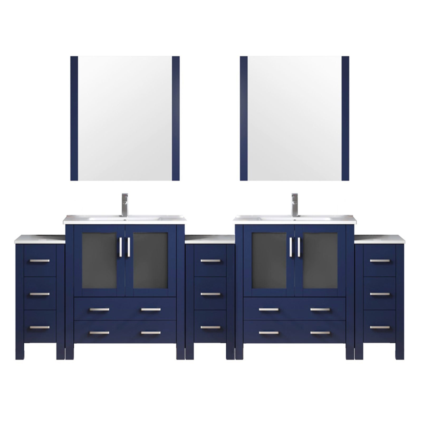 Navy Blue Double Bath Vanity 108 in. W x 18.25 in. D, with Side Cabinets, White Ceramic Top, 34 in. Mirrors, and Faucet Set