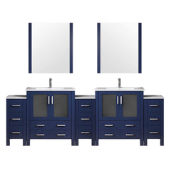 Navy Blue Double Bath Vanity 108 in. W x 18.25 in. D, with Side Cabinets, White Ceramic Top, 34 in. Mirrors, and Faucet Set