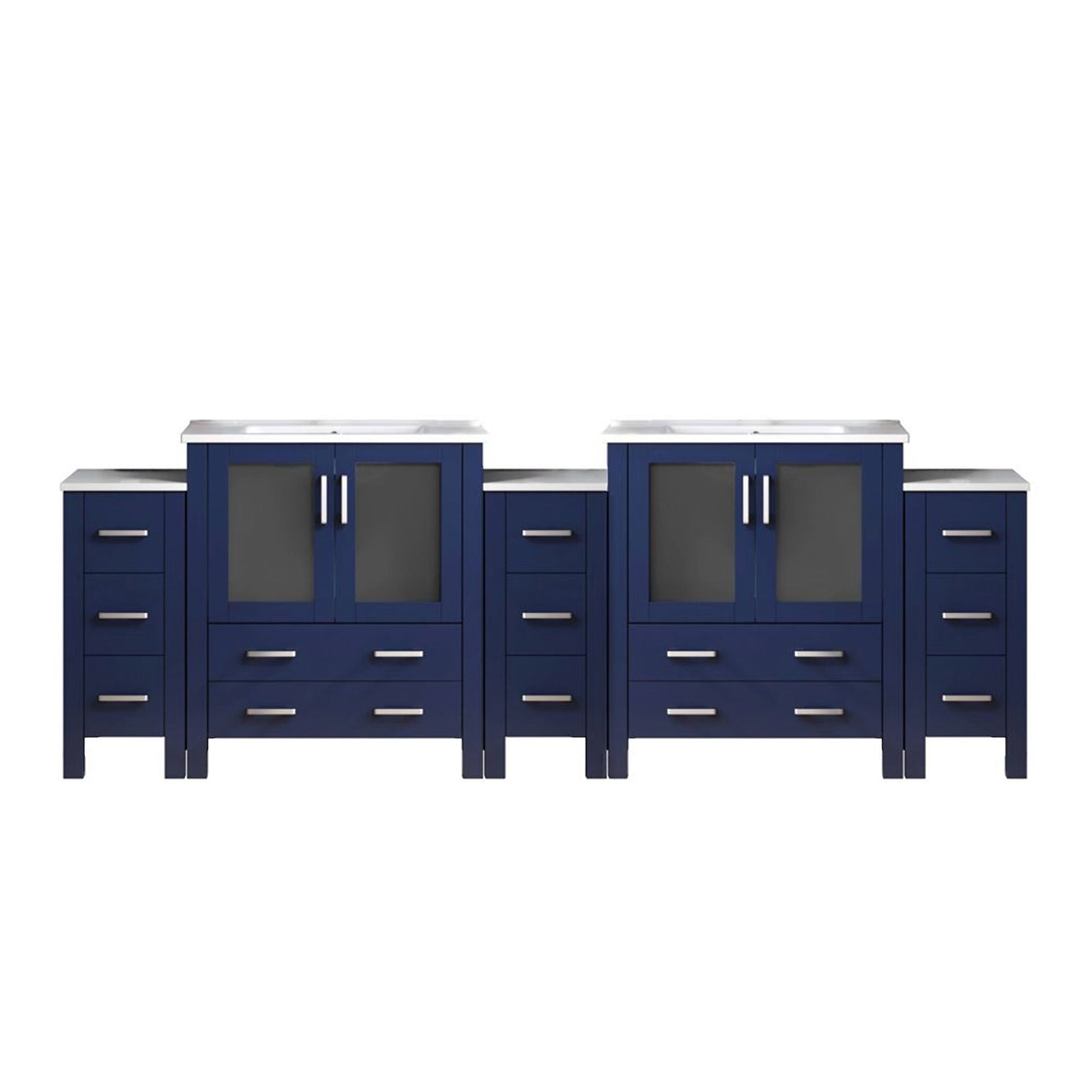 Navy Blue Double Bath Vanity 108 in. W x 18.25 in. D, with Side Cabinets, and White Ceramic Top
