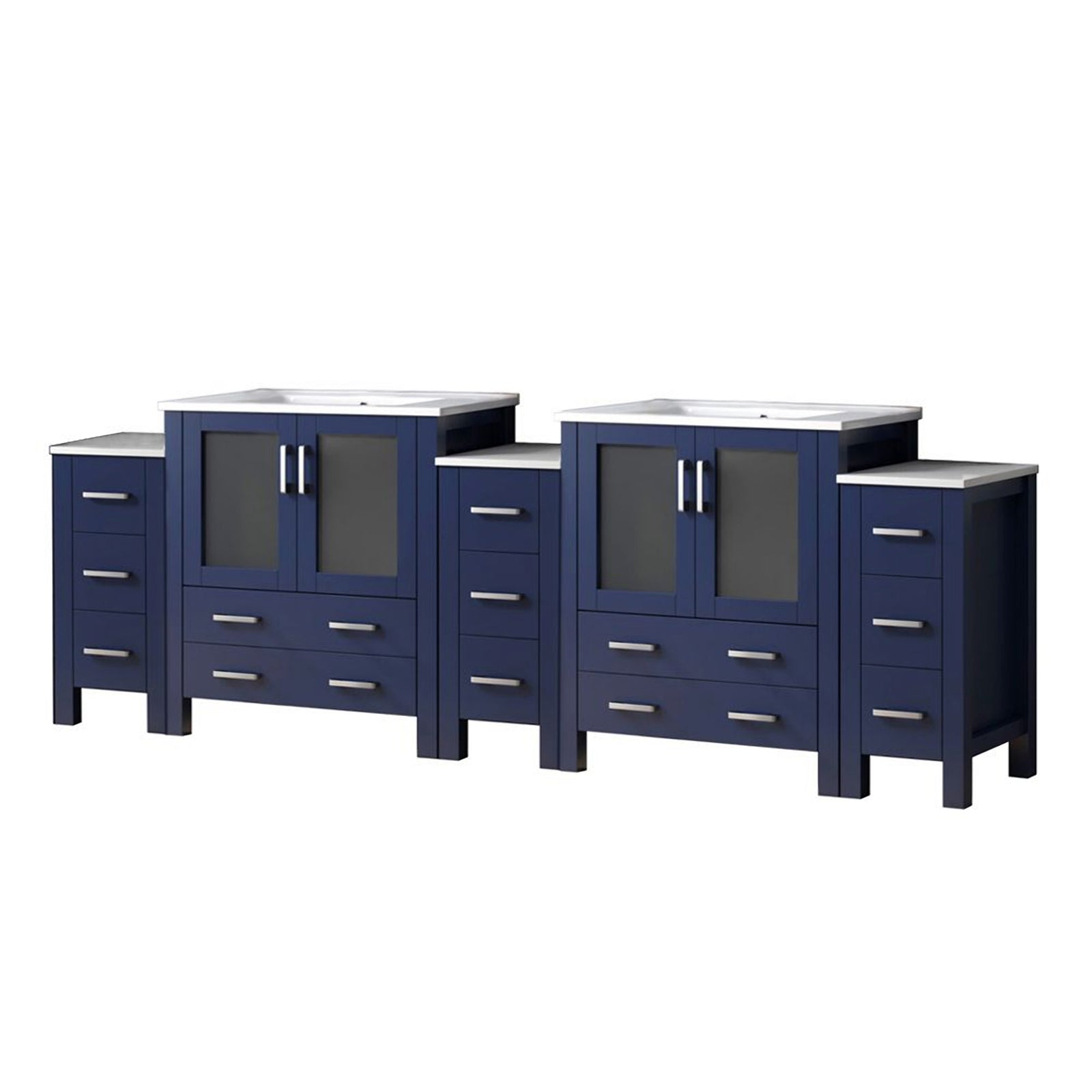 Navy Blue Double Bath Vanity 108 in. W x 18.25 in. D, with Side Cabinets, and White Ceramic Top