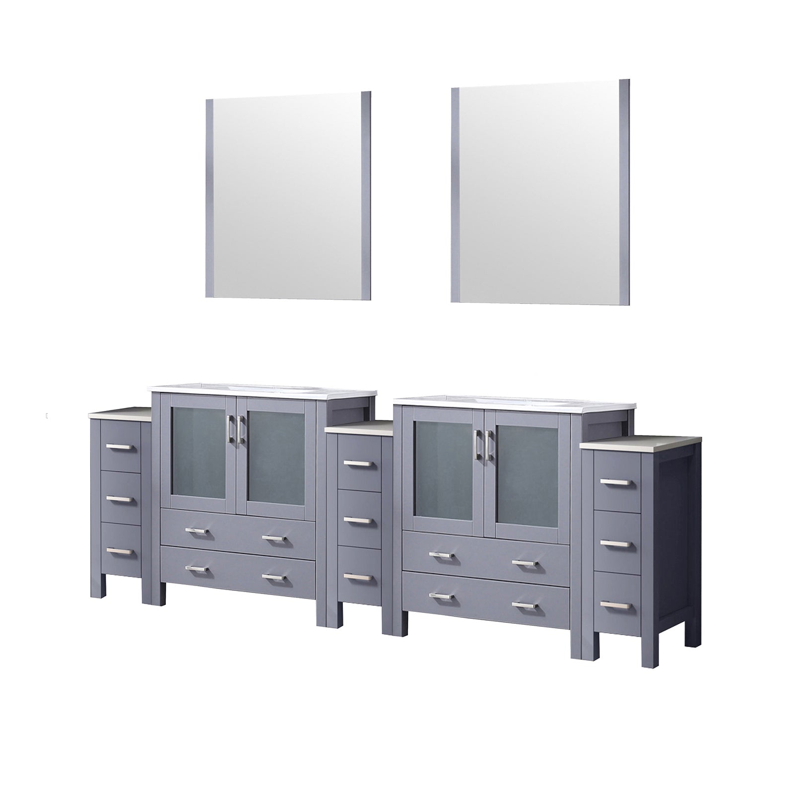 Dark Grey Double Bath Vanity 96 in. W x 18.25 in. D, with Side Cabinets, White Ceramic Top, and 28 in. Mirrors