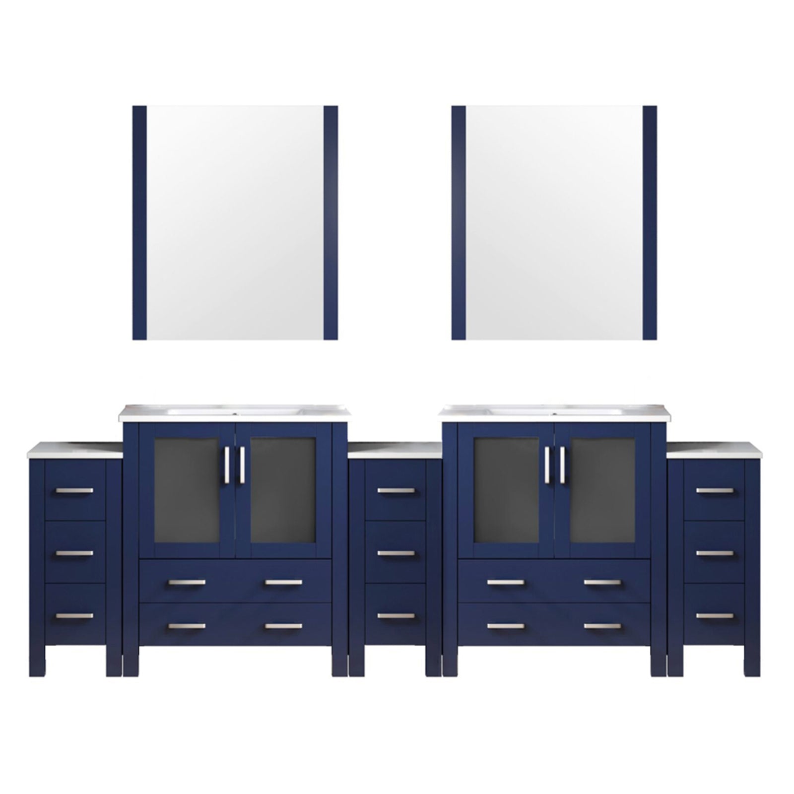 Navy Blue Double Bath Vanity 108 in. W x 18.25 in. D, with Side Cabinets, White Ceramic Top, and 34 in. Mirrors