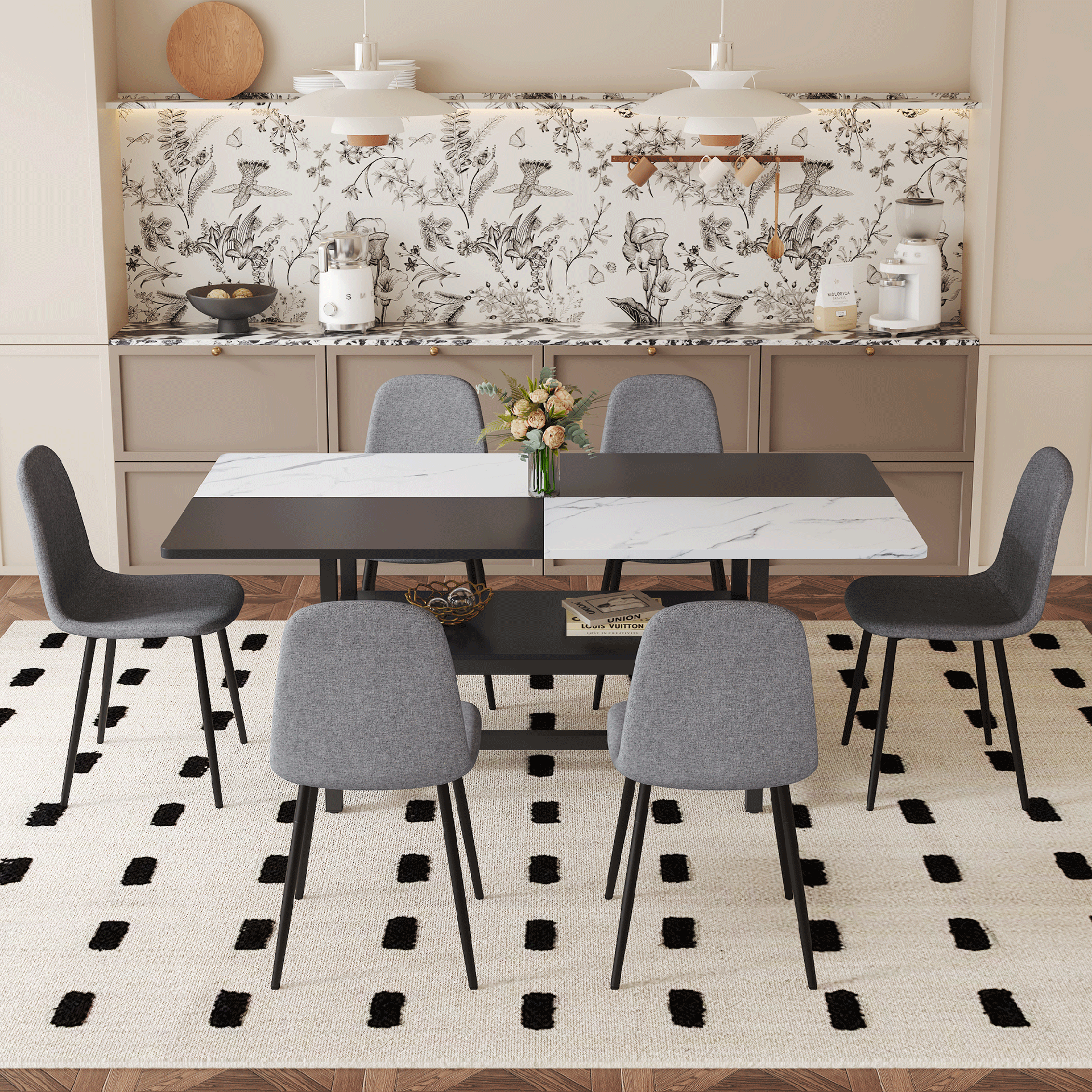 Table and chair set.71*35.4 inch White And Black Spliced Dining Table With Storage Function In The Middle Of The Table Legs.Paired With 6 Chairs Made Of Dark Gray Lnen Fabric.Iron pipe spraying Legs.