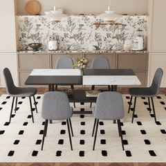 Table and chair set.71*35.4 inch White And Black Spliced Dining Table With Storage Function In The Middle Of The Table Legs.Paired With 6 Chairs Made Of Dark Gray Lnen Fabric.Iron pipe spraying Legs.
