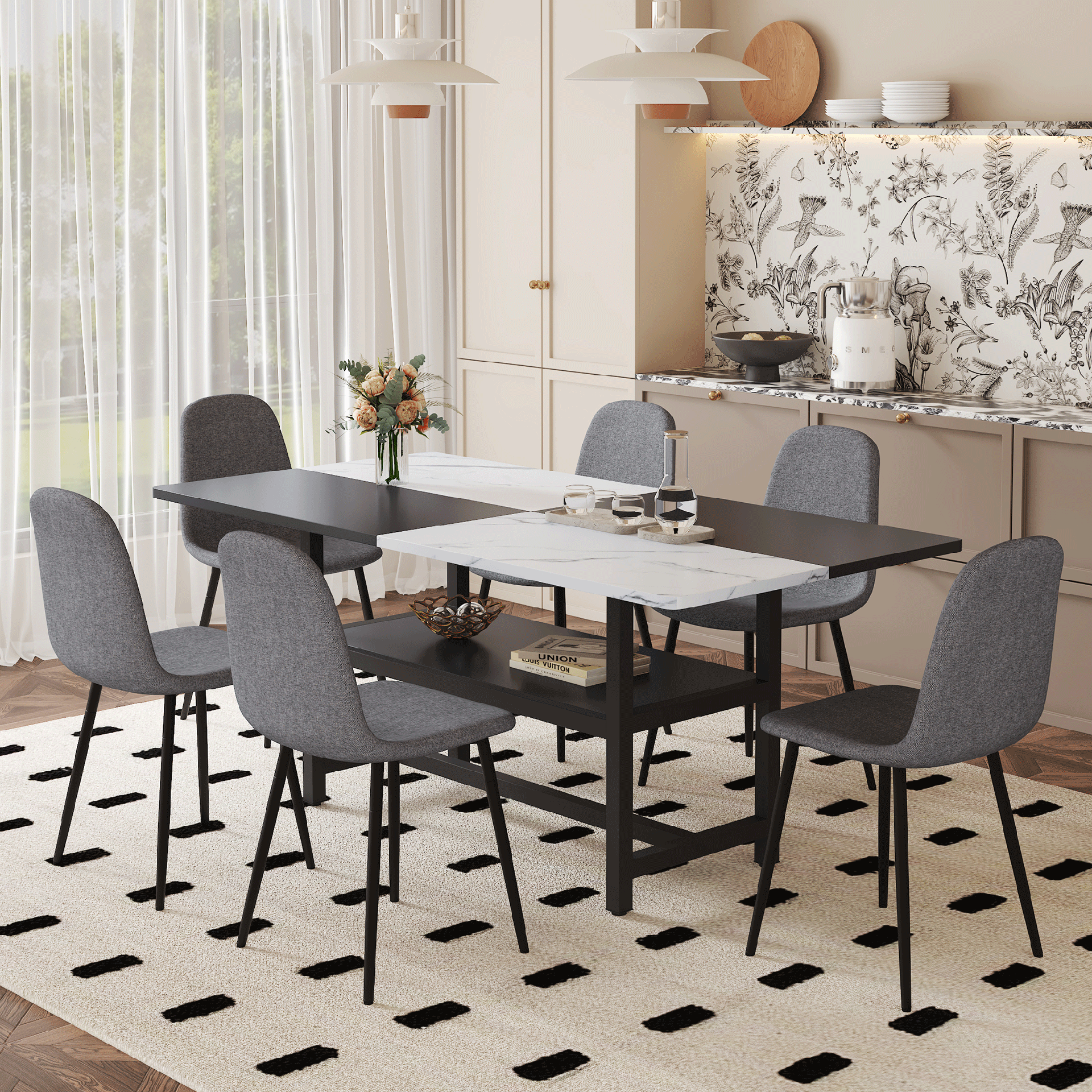 Table and chair set.71*35.4 inch White And Black Spliced Dining Table With Storage Function In The Middle Of The Table Legs.Paired With 6 Chairs Made Of Dark Gray Lnen Fabric.Iron pipe spraying Legs.