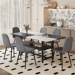 Table and chair set.71*35.4 inch White And Black Spliced Dining Table With Storage Function In The Middle Of The Table Legs.Paired With 6 Chairs Made Of Dark Gray Lnen Fabric.Iron pipe spraying Legs.