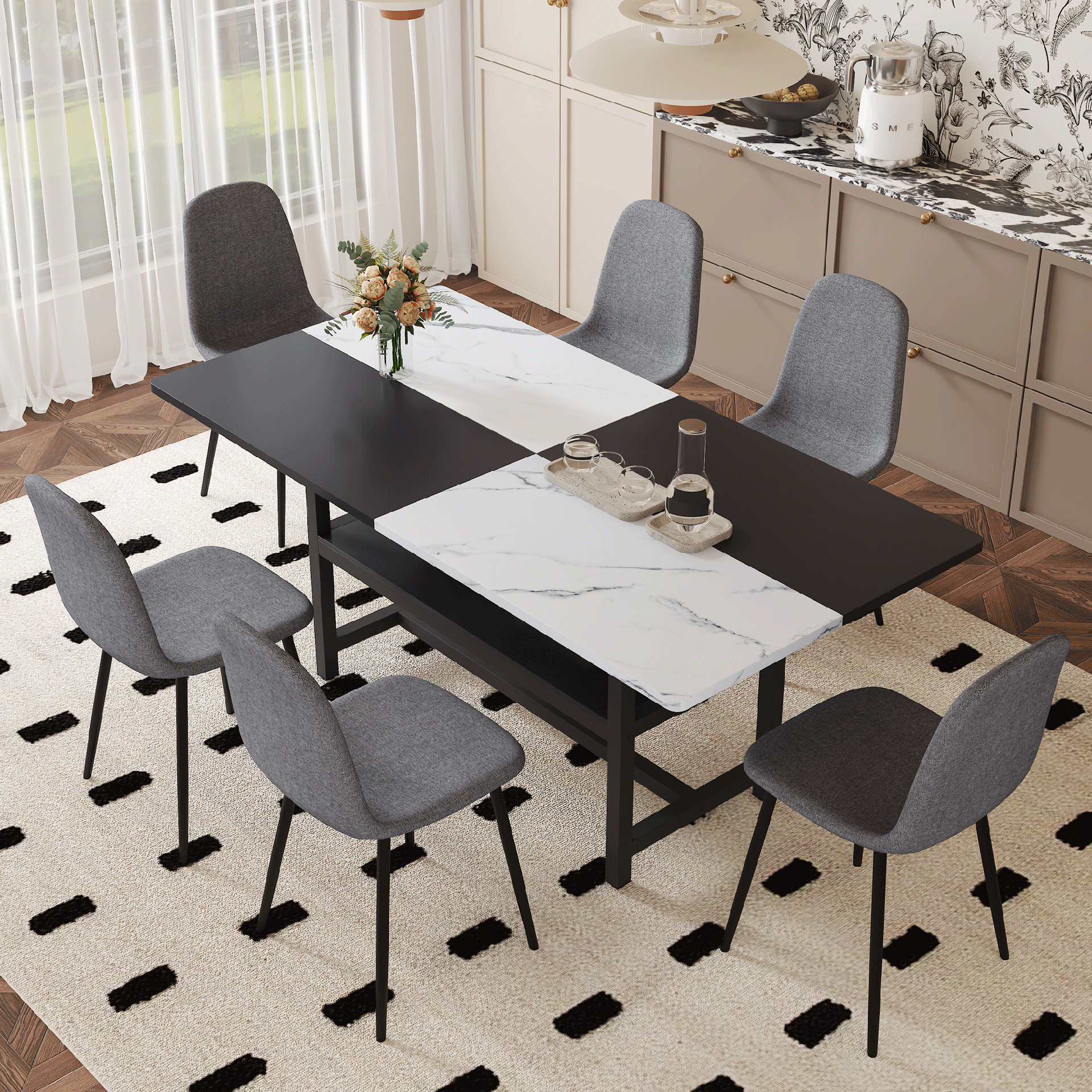Table and chair set.71*35.4 inch White And Black Spliced Dining Table With Storage Function In The Middle Of The Table Legs.Paired With 6 Chairs Made Of Dark Gray Lnen Fabric.Iron pipe spraying Legs.