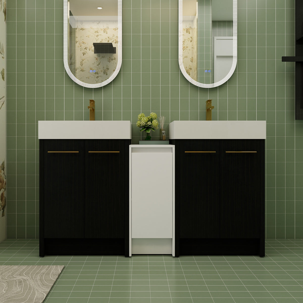 60 Inch Freestanding Bathroom Vanity with Resin Sink and a Storage Cabinets, With Soft Closing Door, 09224*2+0312 Combination Cabinet, KD-Package