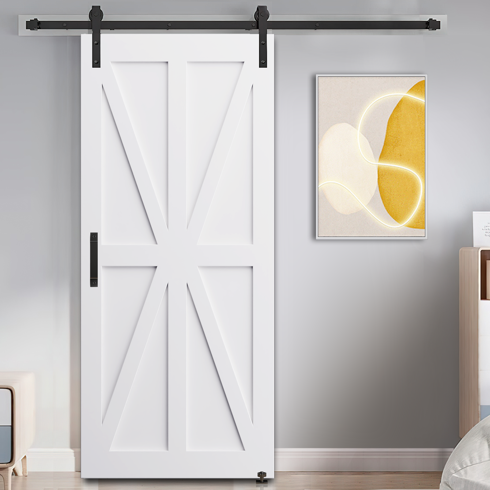 CRAZY ELF 32" x 80" Star Style Real Primed Door Slab + 6.6FT Barn Door Sliding Hardware + Adjustable Floor Guider + Pull Handle, DIY Unfinished Paneled Door, Modern Interior Barn Door, Moisture-proof