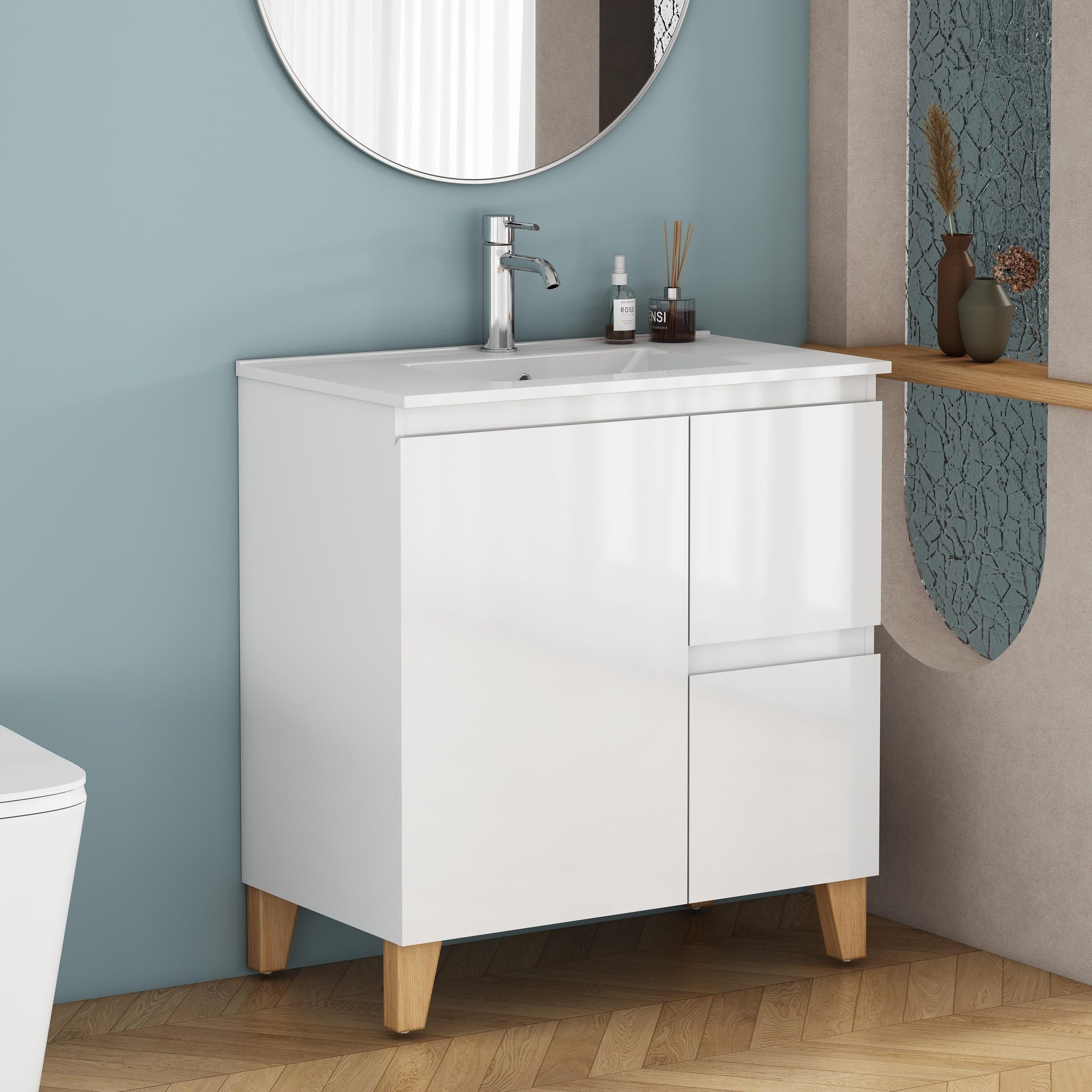 31.5-Inch Modern Bathroom Vanity With Sink Combo, Cabinet with 1 Doors and 2 Drawer, Soft-Clost System,Handle-Free Design,Natural Solid Wood Feet,Easy Assemble,Glossy White