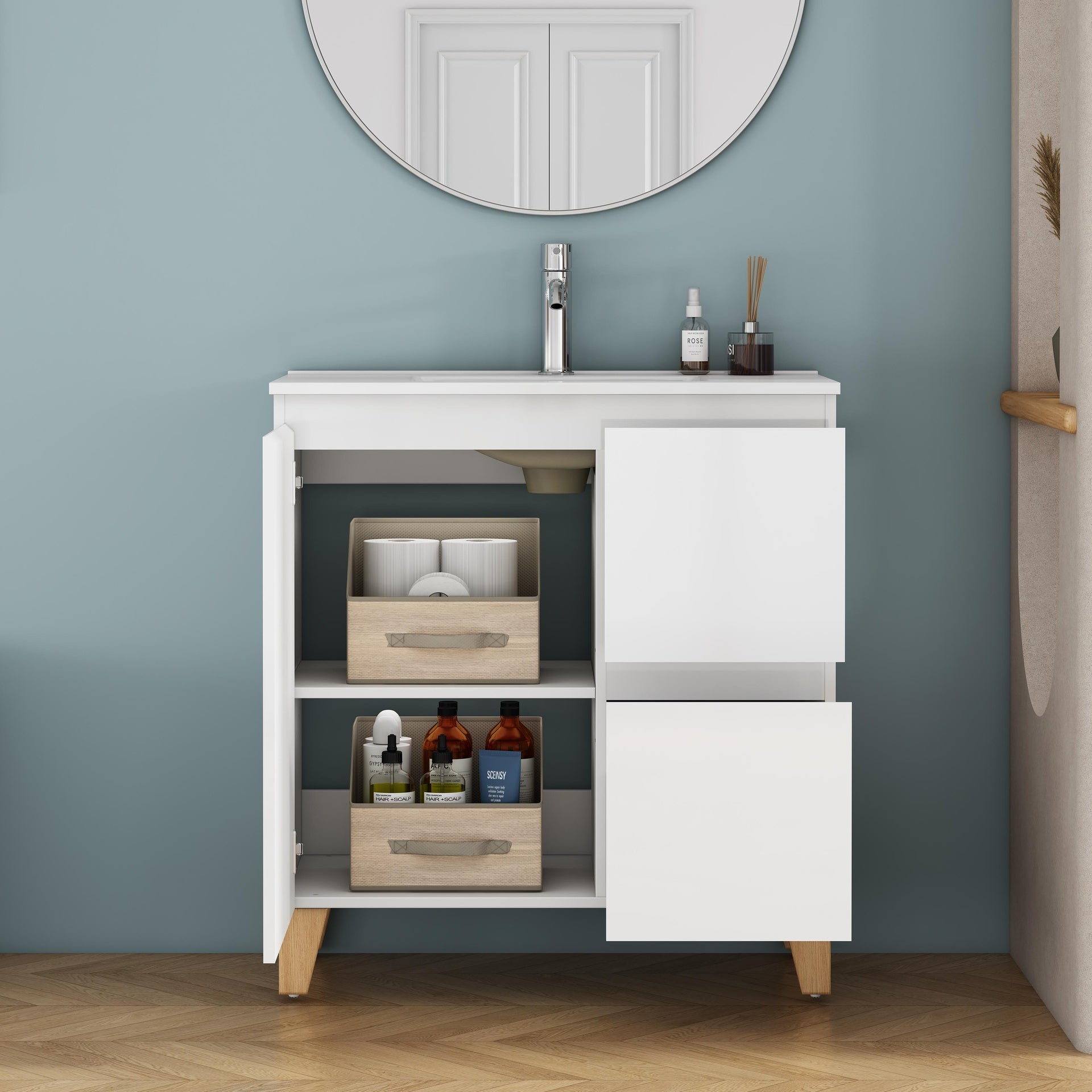 31.5-Inch Modern Bathroom Vanity With Sink Combo, Cabinet with 1 Doors and 2 Drawer, Soft-Clost System,Handle-Free Design,Natural Solid Wood Feet,Easy Assemble,Glossy White