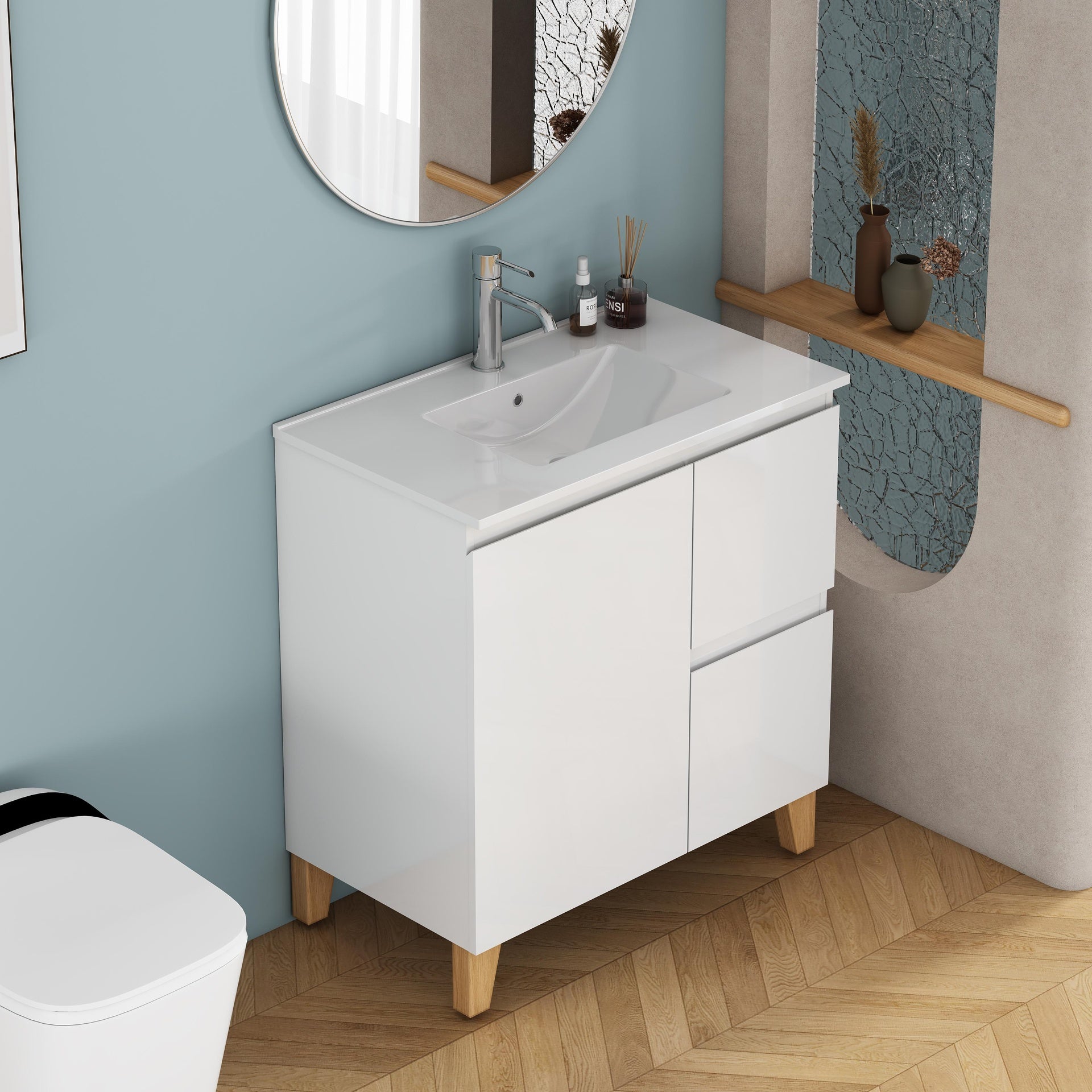 31.5-Inch Modern Bathroom Vanity With Sink Combo, Cabinet with 1 Doors and 2 Drawer, Soft-Clost System,Handle-Free Design,Natural Solid Wood Feet,Easy Assemble,Glossy White