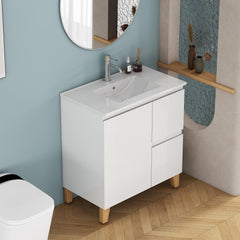 31.5-Inch Modern Bathroom Vanity With Sink Combo, Cabinet with 1 Doors and 2 Drawer, Soft-Clost System,Handle-Free Design,Natural Solid Wood Feet,Easy Assemble,Glossy White