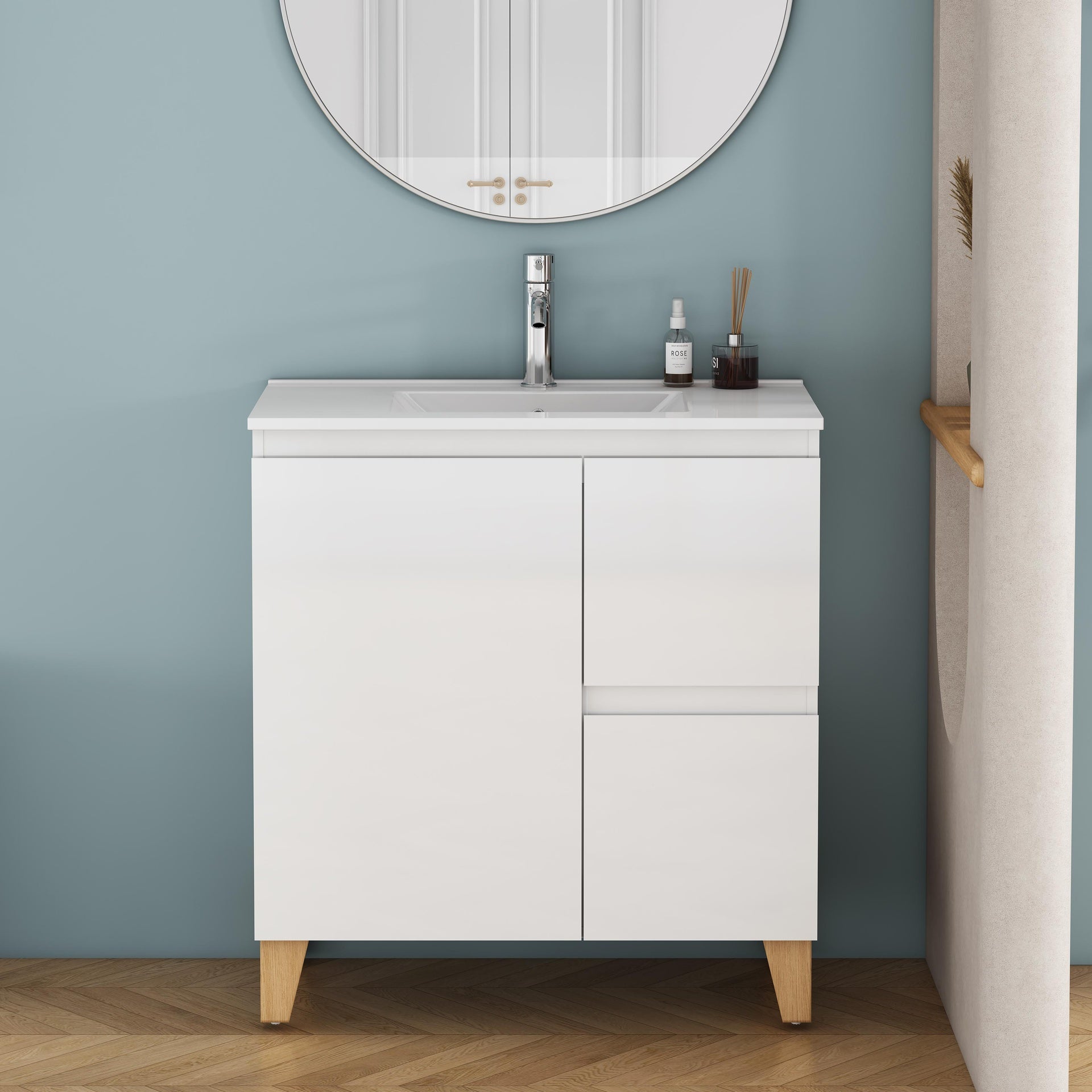 31.5-Inch Modern Bathroom Vanity With Sink Combo, Cabinet with 1 Doors and 2 Drawer, Soft-Clost System,Handle-Free Design,Natural Solid Wood Feet,Easy Assemble,Glossy White