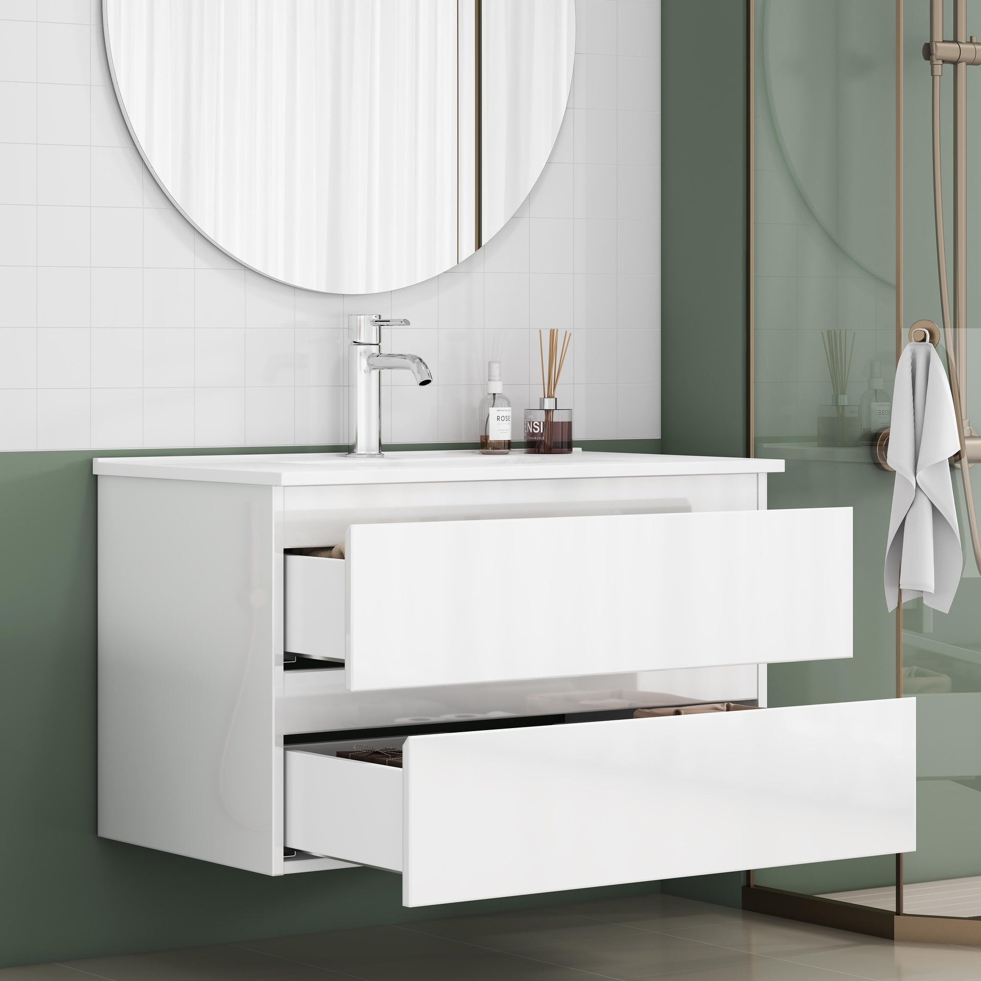 31.5-inch Bathroom Vanity With Sink Combo,Cabinet With 2 Big Drawers,Soft Close System,2 Big Drawers,Handle-Free Design,Easy Assemble,Glossy White