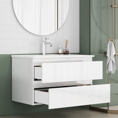 31.5-inch Bathroom Vanity With Sink Combo,Cabinet With 2 Big Drawers,Soft Close System,2 Big Drawers,Handle-Free Design,Easy Assemble,Glossy White