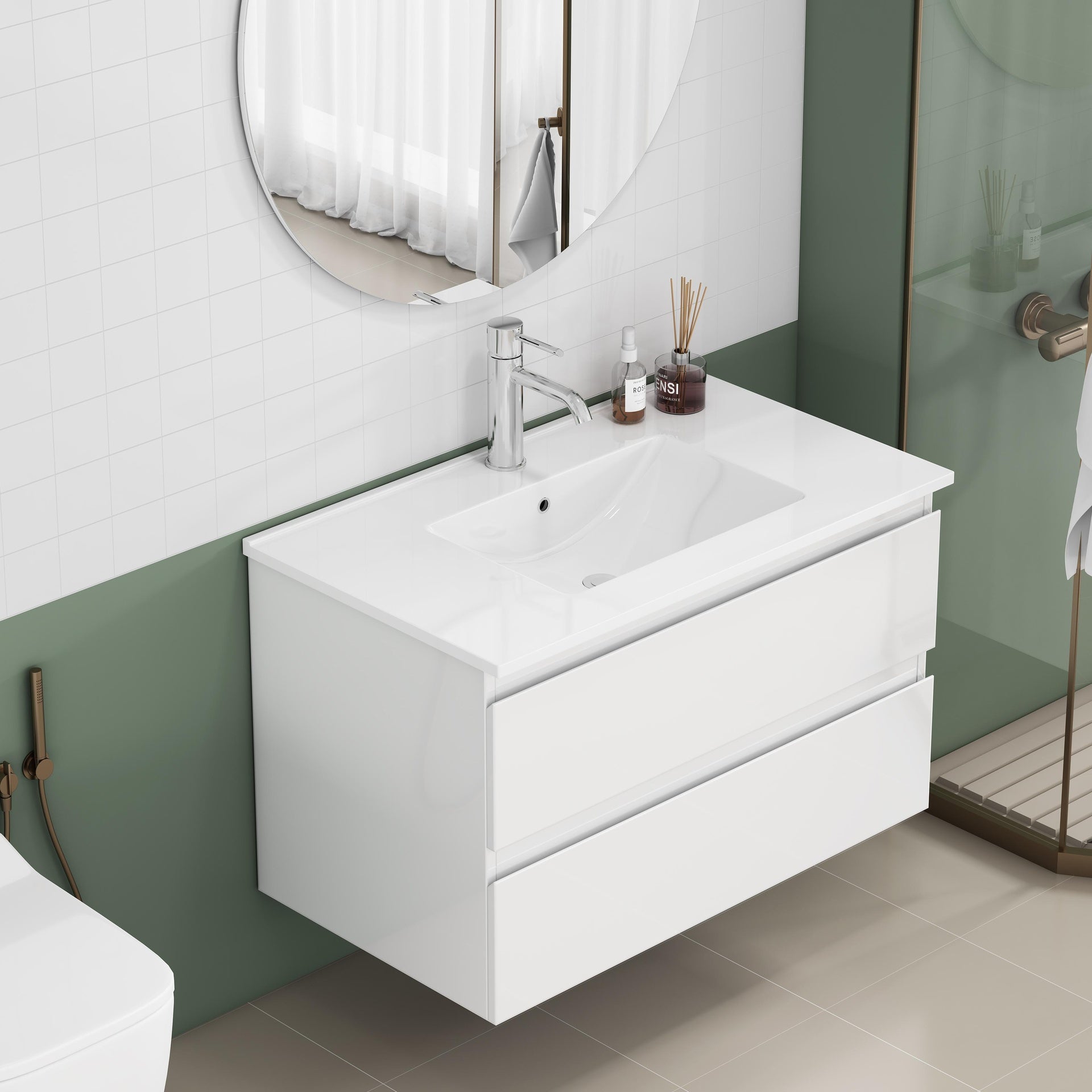 31.5-inch Bathroom Vanity With Sink Combo,Cabinet With 2 Big Drawers,Soft Close System,2 Big Drawers,Handle-Free Design,Easy Assemble,Glossy White