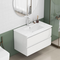 31.5-inch Bathroom Vanity With Sink Combo,Cabinet With 2 Big Drawers,Soft Close System,2 Big Drawers,Handle-Free Design,Easy Assemble,Glossy White