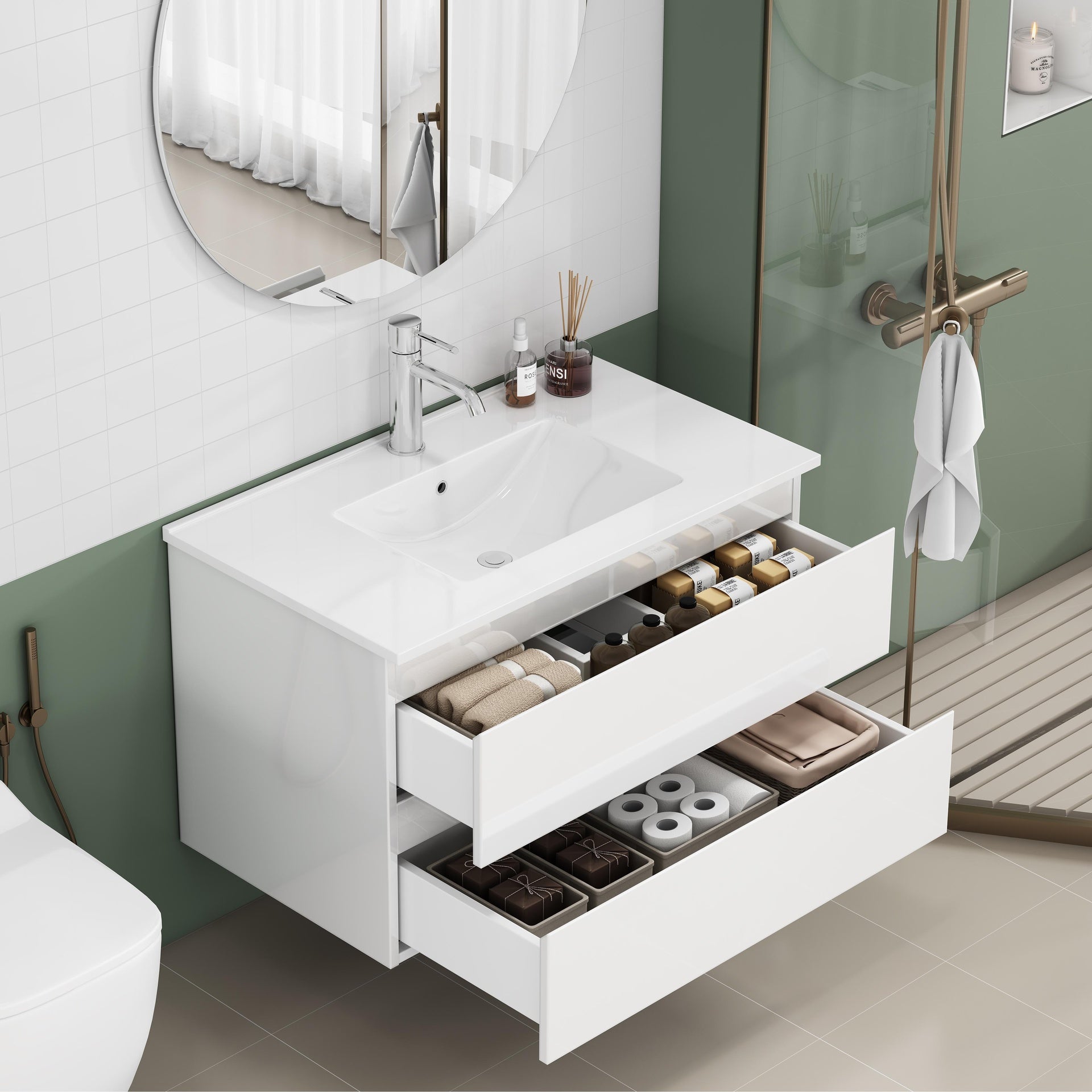 31.5-inch Bathroom Vanity With Sink Combo,Cabinet With 2 Big Drawers,Soft Close System,2 Big Drawers,Handle-Free Design,Easy Assemble,Glossy White