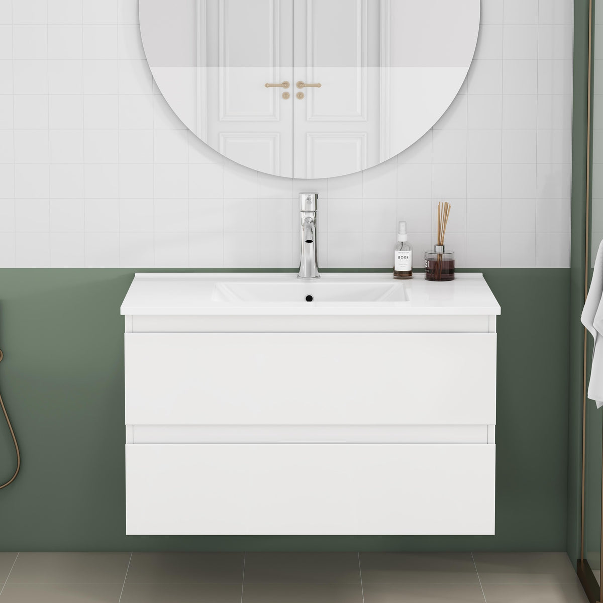 31.5-inch Bathroom Vanity With Sink Combo,Cabinet With 2 Big Drawers,Soft Close System,2 Big Drawers,Handle-Free Design,Easy Assemble,Glossy White