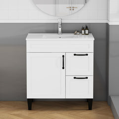 31.5-inch Bathroom Vanity With Sink Combo,Cabinet With 1 Doors and 2 Drawer,Black Metal Handle,Black Feet,Soft Close Hinge,Mordern Bathroom Cabinet,Ceramic Basin,Easy Assemble,White