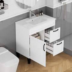 31.5-inch Bathroom Vanity With Sink Combo,Cabinet With 1 Doors and 2 Drawer,Black Metal Handle,Black Feet,Soft Close Hinge,Mordern Bathroom Cabinet,Ceramic Basin,Easy Assemble,White