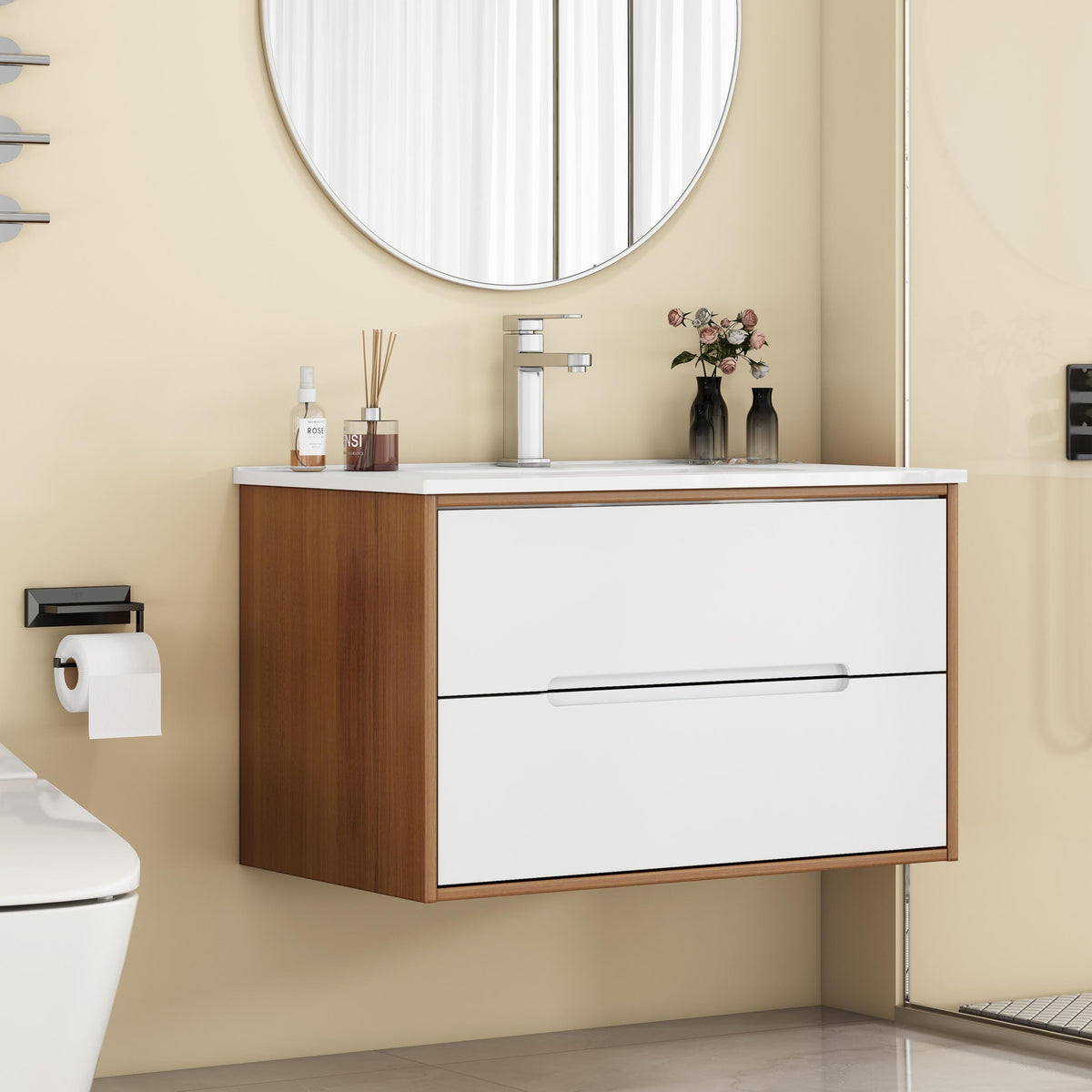 32-Inch Wall-Mounted Bathroom Vanity With Sink Combo, Cabinet With Double Drawers,Soft-Close System,Ceramic Sink,Solid Wood,Easy to Install,Unique Handle-Free Design,Walnut+White