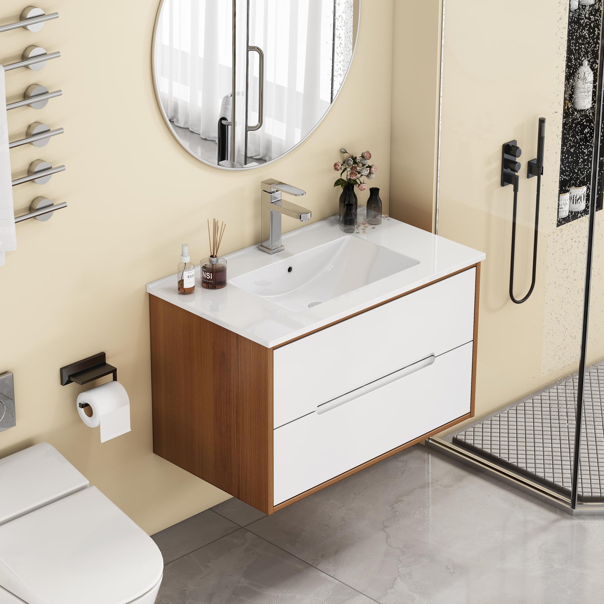 32-Inch Wall-Mounted Bathroom Vanity With Sink Combo, Cabinet With Double Drawers,Soft-Close System,Ceramic Sink,Solid Wood,Easy to Install,Unique Handle-Free Design,Walnut+White