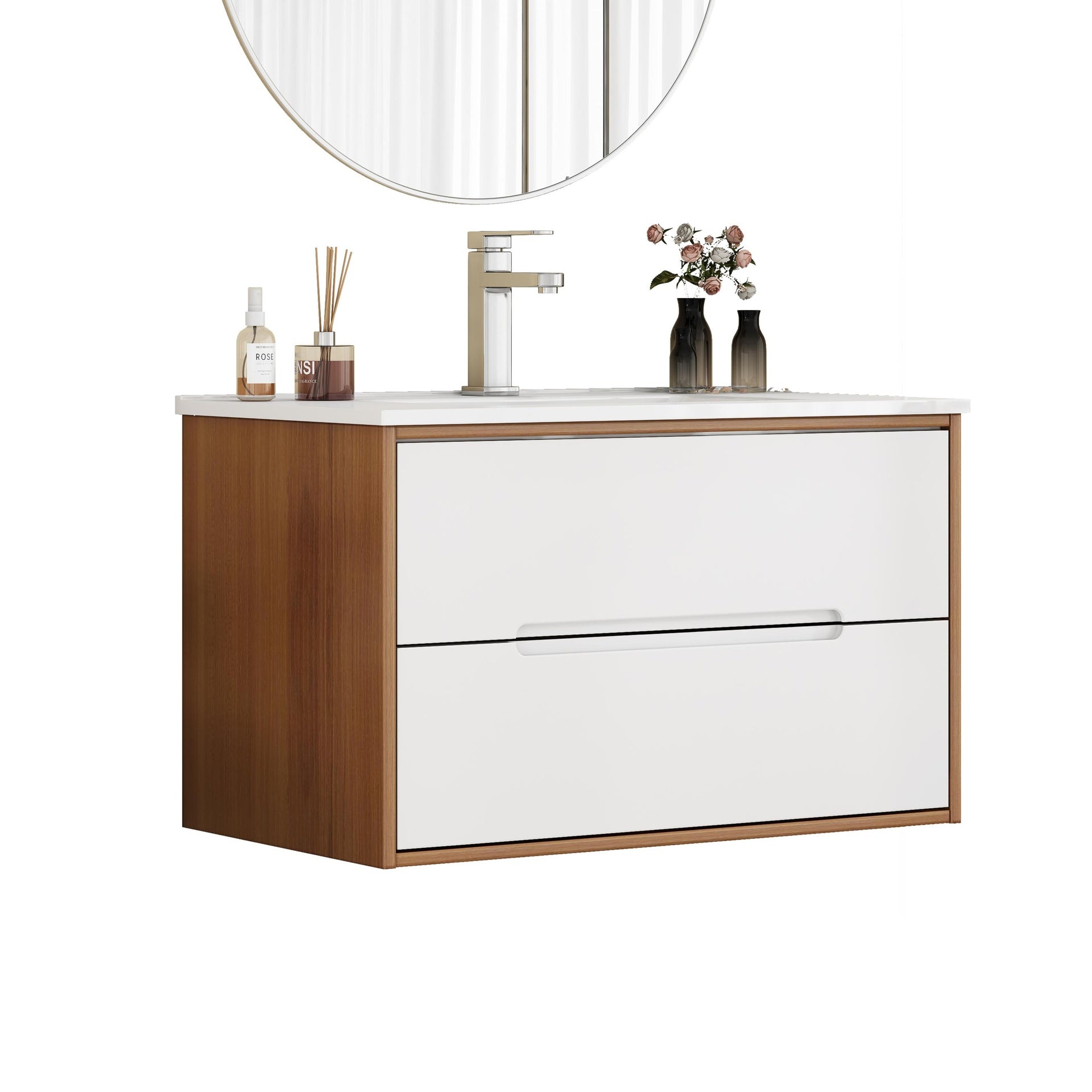 32-Inch Wall-Mounted Bathroom Vanity With Sink Combo, Cabinet With Double Drawers,Soft-Close System,Ceramic Sink,Solid Wood,Easy to Install,Unique Handle-Free Design,Walnut+White