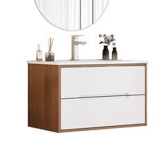 32-Inch Wall-Mounted Bathroom Vanity With Sink Combo, Cabinet With Double Drawers,Soft-Close System,Ceramic Sink,Solid Wood,Easy to Install,Unique Handle-Free Design,Walnut+White