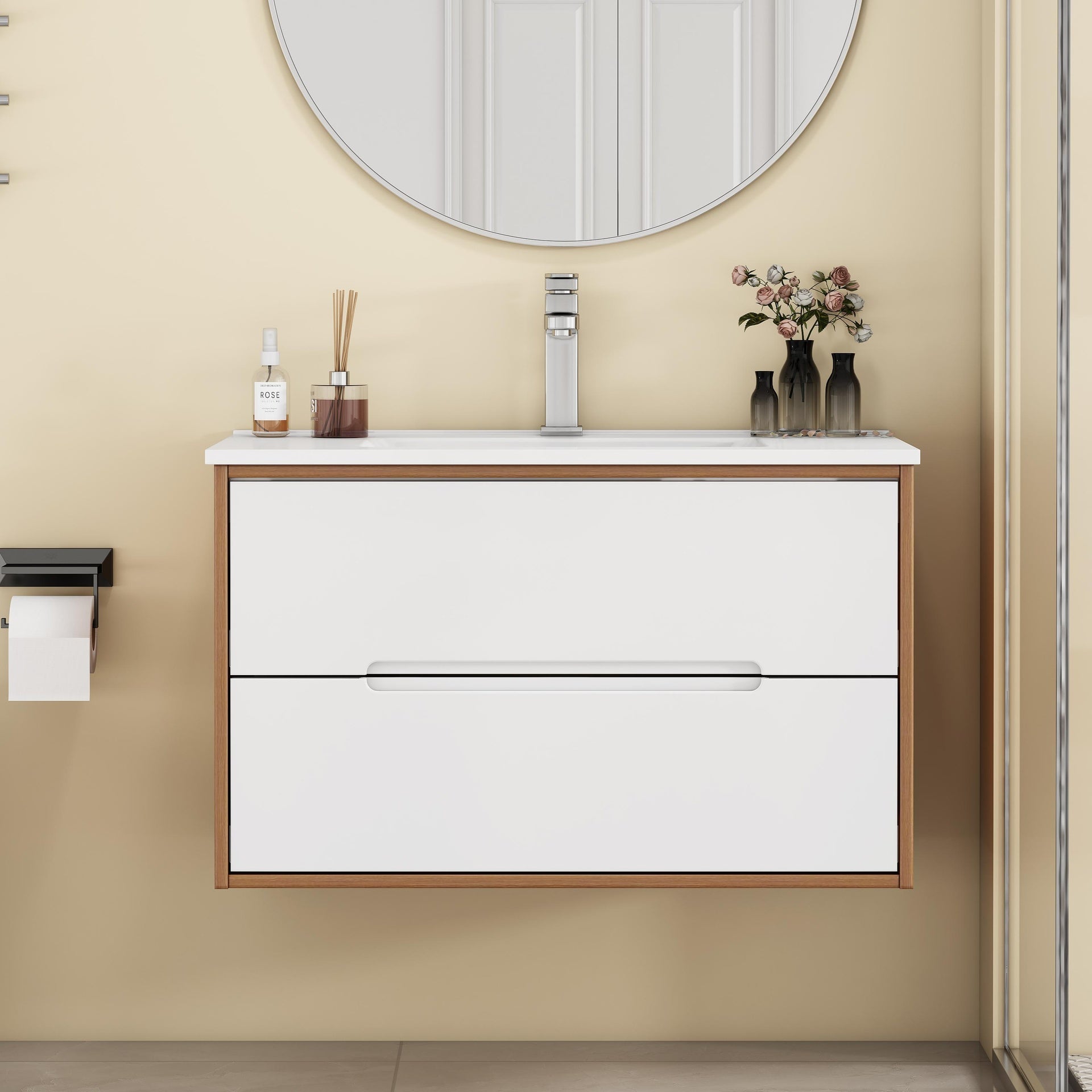 32-Inch Wall-Mounted Bathroom Vanity With Sink Combo, Cabinet With Double Drawers,Soft-Close System,Ceramic Sink,Solid Wood,Easy to Install,Unique Handle-Free Design,Walnut+White