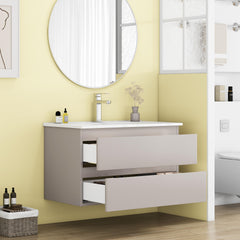 32-Inch Wall-Mounted Bathroom Vanity With Sink Combo, Double Drawers, Rounded Drawer Fronts,Soft-Close System,Ceramic Sink,No Handle Design,Solid Wood,Easy to Install,Mocha Gray