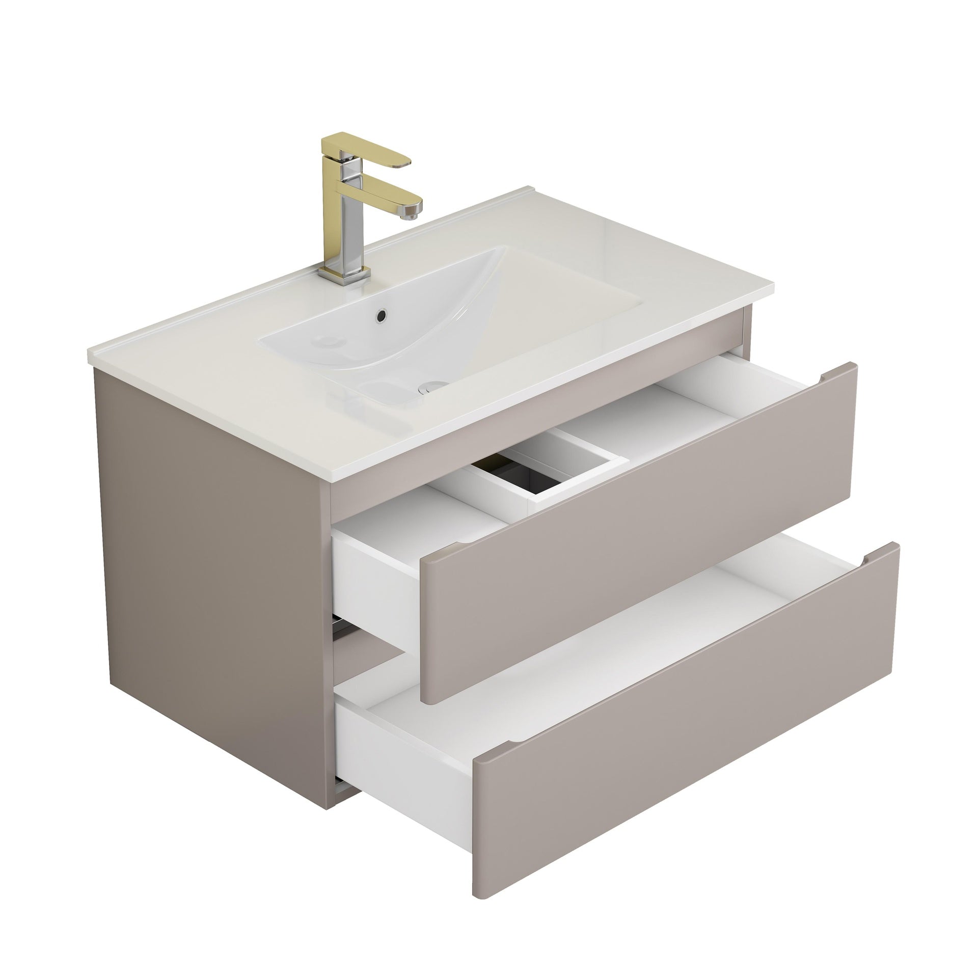 32-Inch Wall-Mounted Bathroom Vanity With Sink Combo, Double Drawers, Rounded Drawer Fronts,Soft-Close System,Ceramic Sink,No Handle Design,Solid Wood,Easy to Install,Mocha Gray