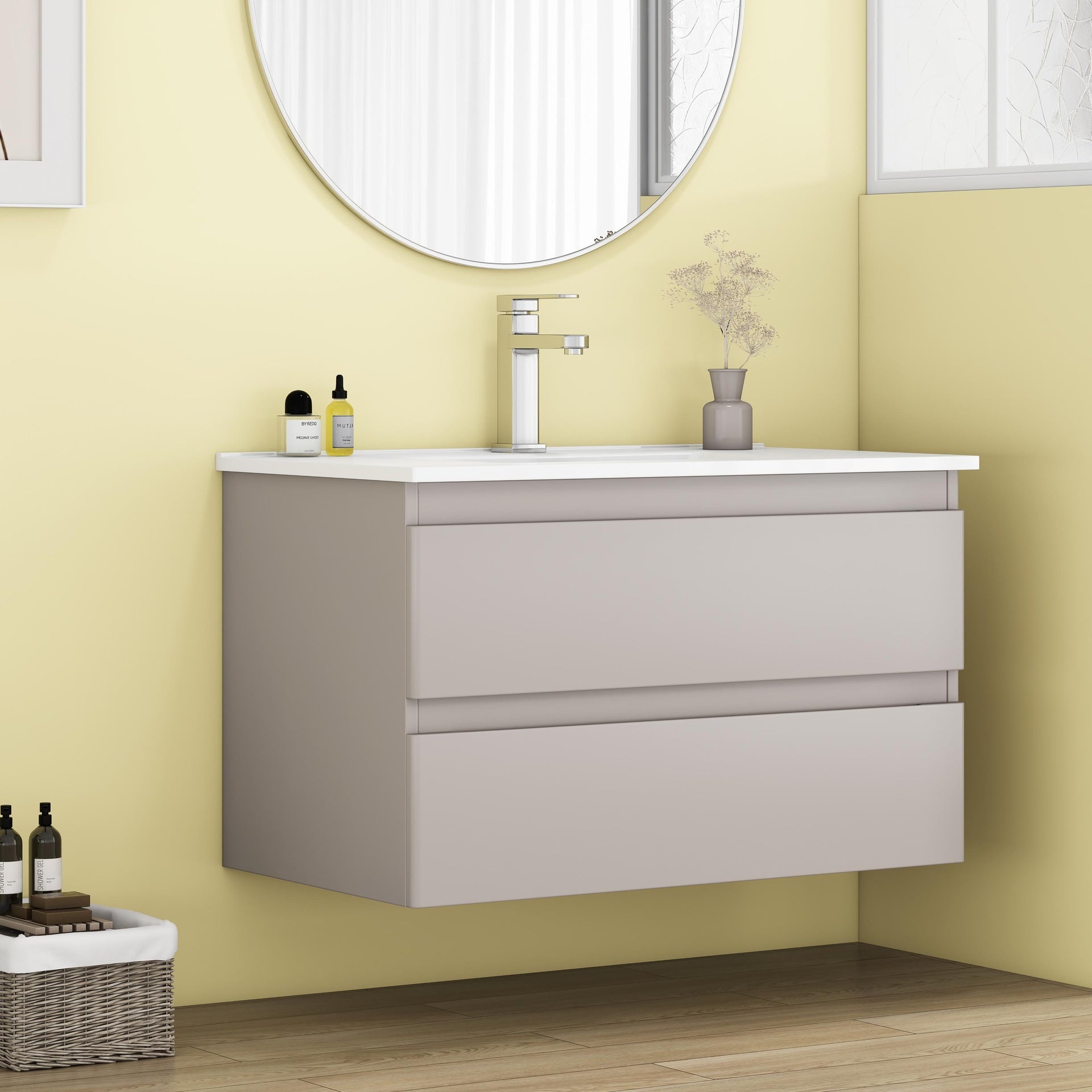 32-Inch Wall-Mounted Bathroom Vanity With Sink Combo, Double Drawers, Rounded Drawer Fronts,Soft-Close System,Ceramic Sink,No Handle Design,Solid Wood,Easy to Install,Mocha Gray