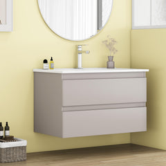 32-Inch Wall-Mounted Bathroom Vanity With Sink Combo, Double Drawers, Rounded Drawer Fronts,Soft-Close System,Ceramic Sink,No Handle Design,Solid Wood,Easy to Install,Mocha Gray