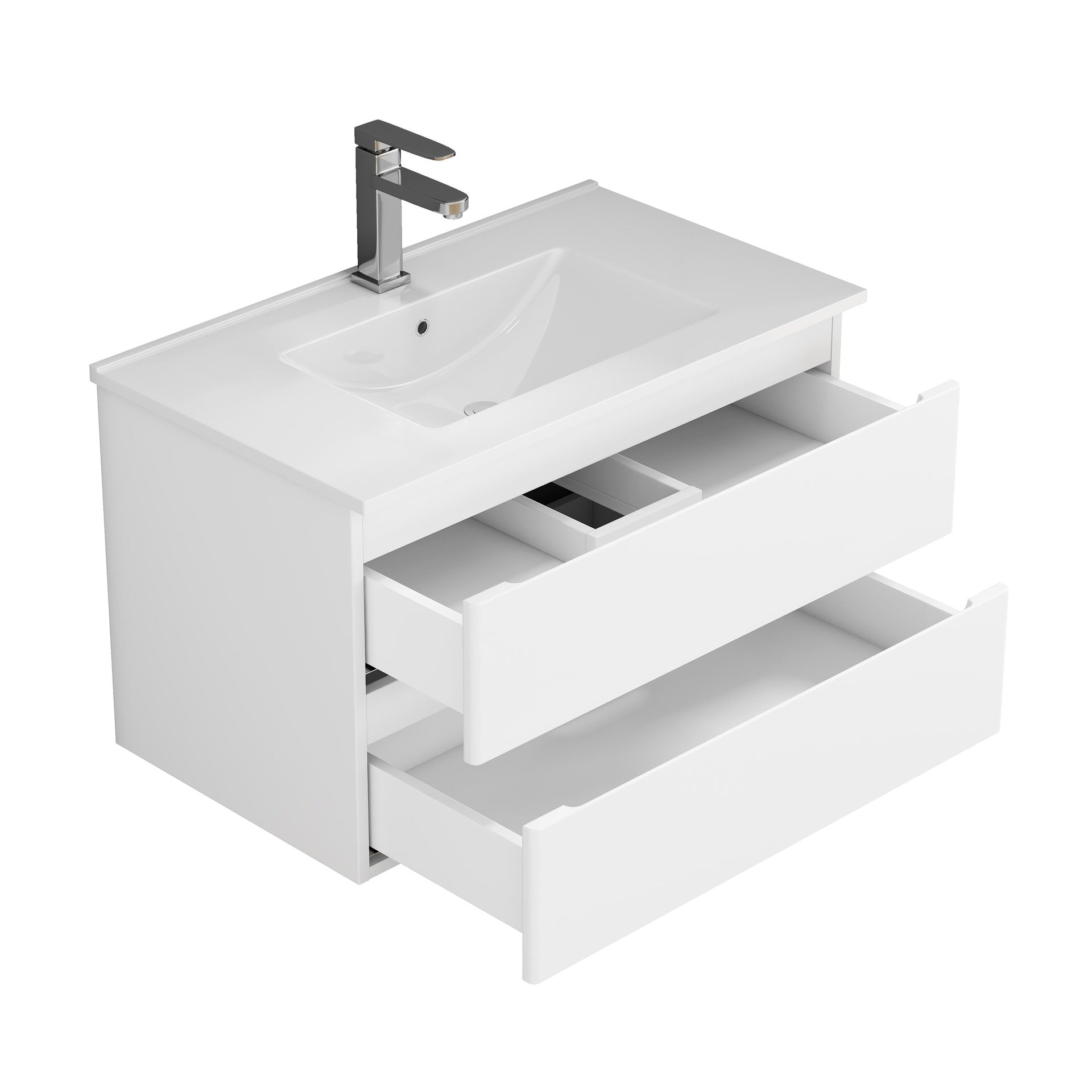 32-Inch Wall-Mounted Bathroom Vanity With Sink Combo, Double Drawers, Rounded Drawer Fronts,Soft-Close System,Ceramic Sink,No Handle Design,Solid Wood,Easy to Install,White