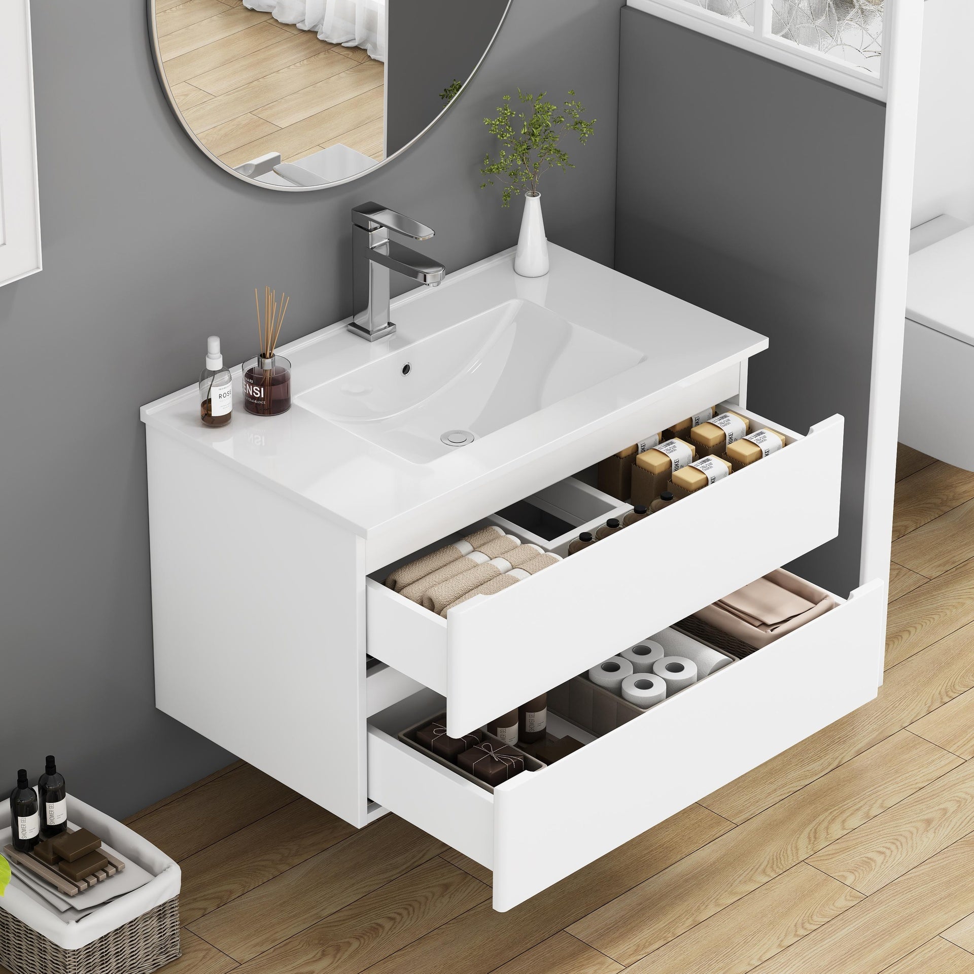 32-Inch Wall-Mounted Bathroom Vanity With Sink Combo, Double Drawers, Rounded Drawer Fronts,Soft-Close System,Ceramic Sink,No Handle Design,Solid Wood,Easy to Install,White