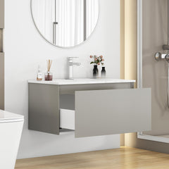 32-Inch Wall-Mounted Bathroom Vanity with 1 Big Drawers, Soft-Close System,Ceramic Sink,No Handle Design,Solid Wood,Painting Finish,Easy to Install,The Faucet Is Not Included,Mocha Gray