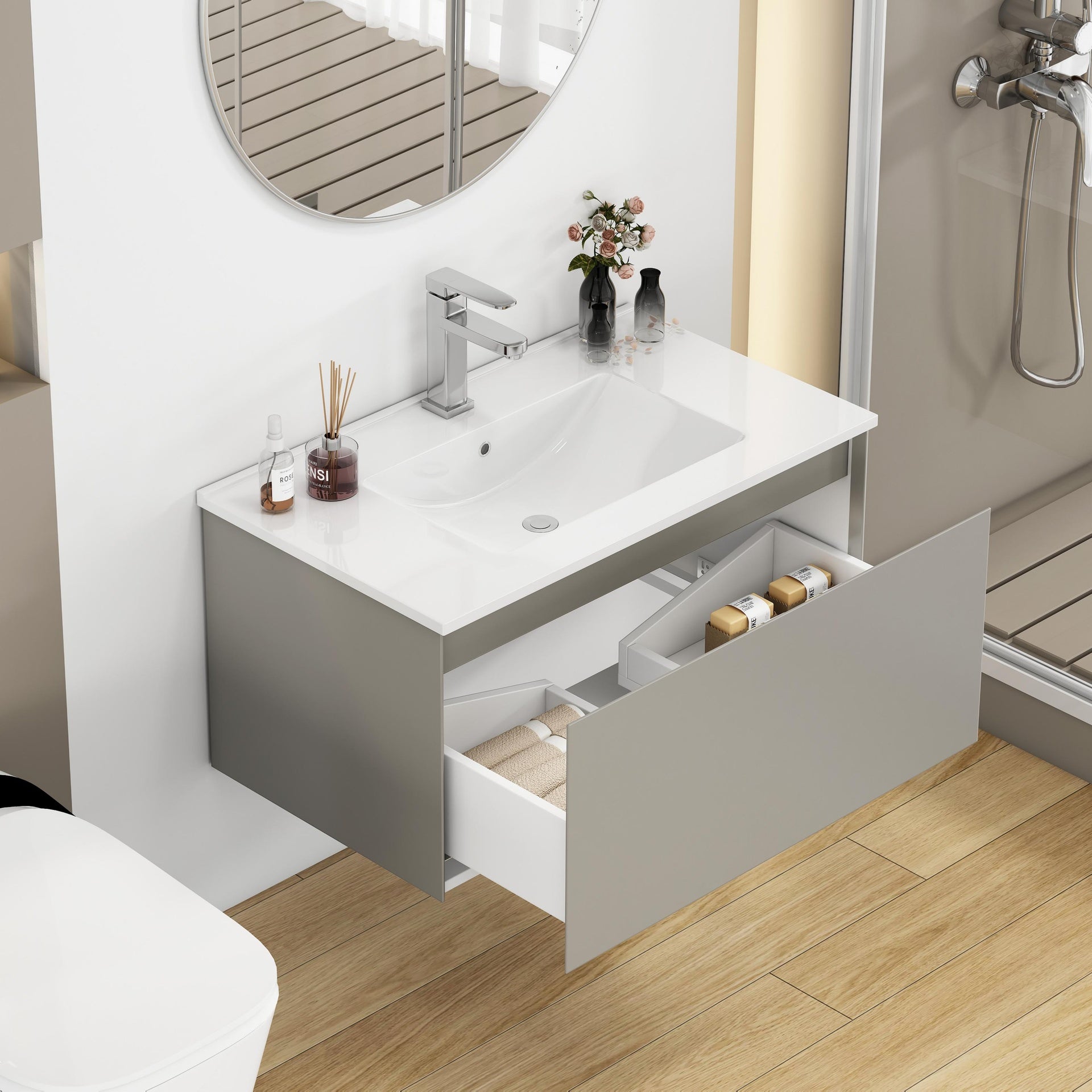 32-Inch Wall-Mounted Bathroom Vanity with 1 Big Drawers, Soft-Close System,Ceramic Sink,No Handle Design,Solid Wood,Painting Finish,Easy to Install,The Faucet Is Not Included,Mocha Gray